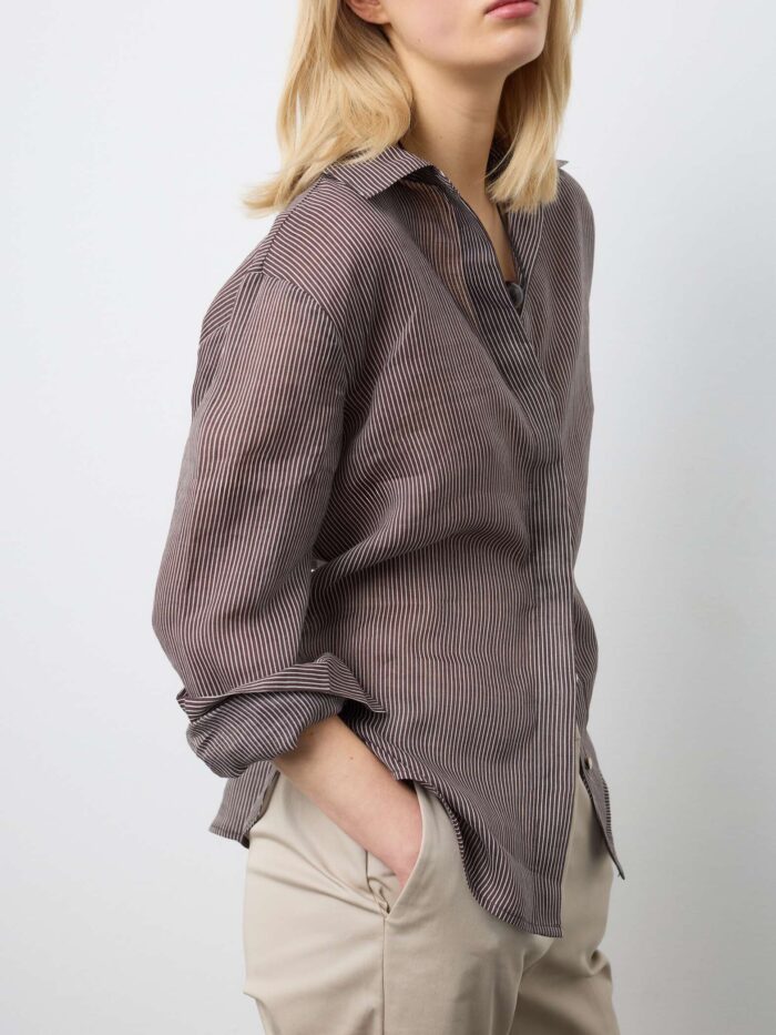 STEFANEL Regular fit striped pure ramie long-sleeved shirt Brown - Image 2