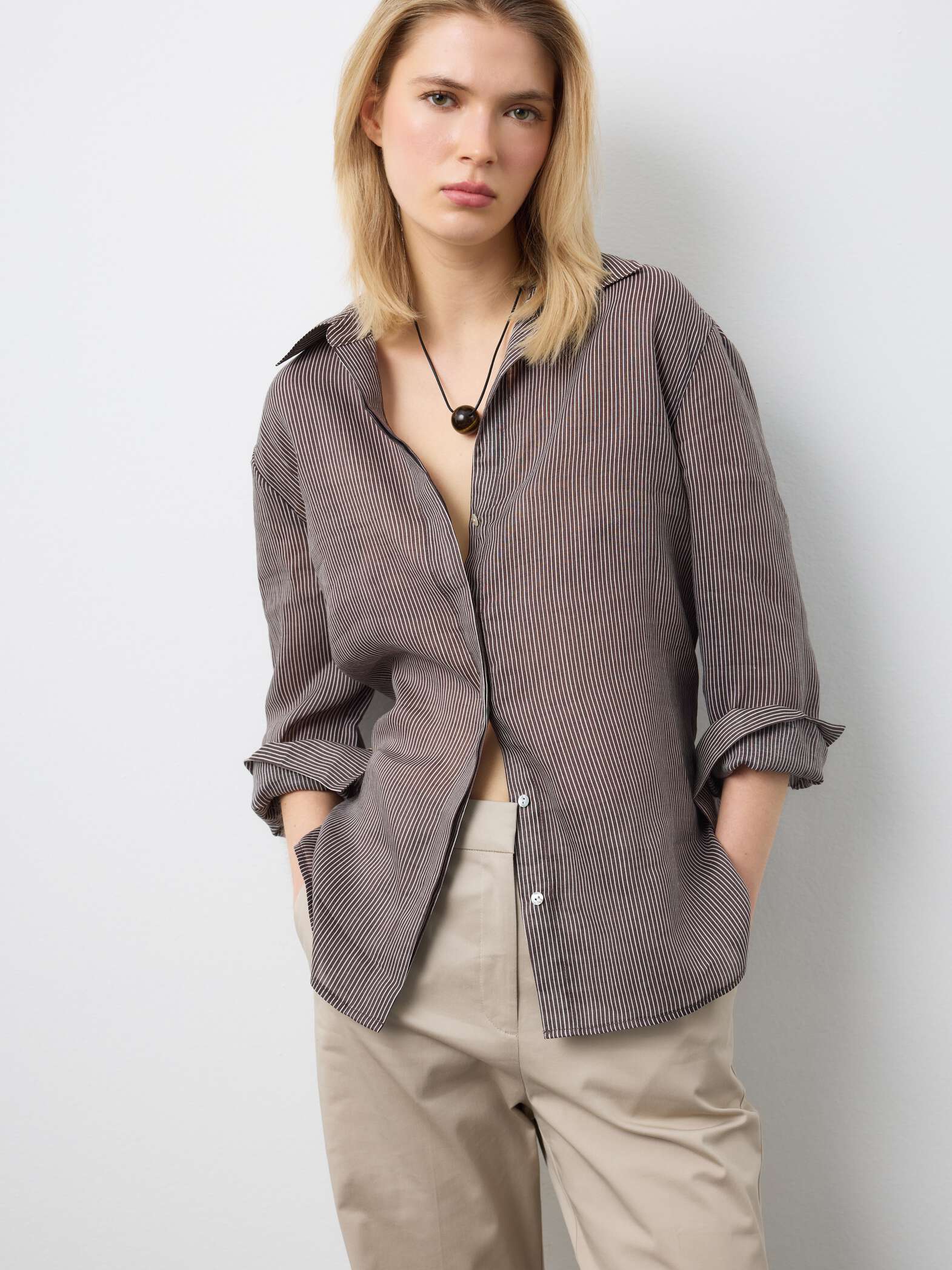 003570320_SF STEFANEL Regular fit striped pure ramie long-sleeved shirt Brown - Image 1