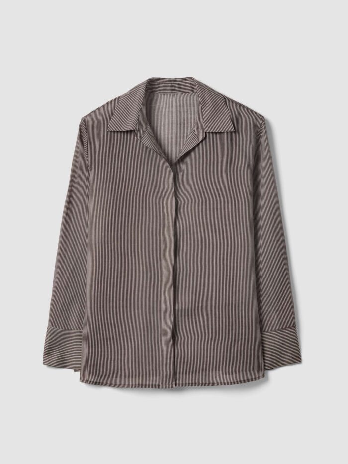 STEFANEL Regular fit striped pure ramie long-sleeved shirt Brown - Image 6