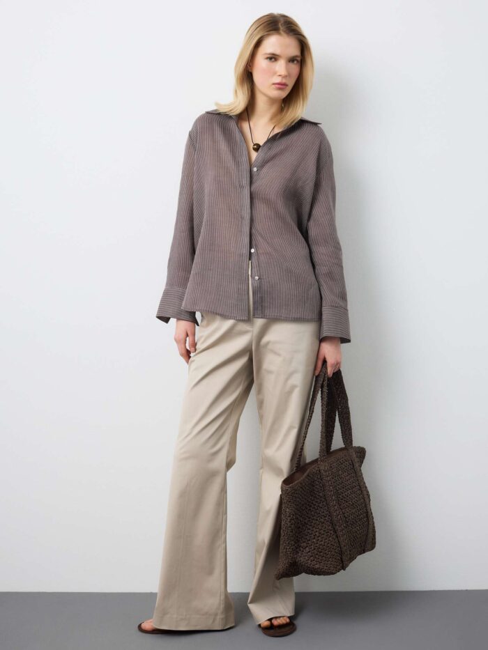 STEFANEL Regular fit striped pure ramie long-sleeved shirt Brown - Image 5