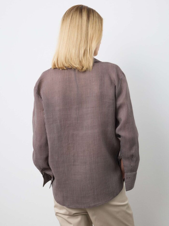 STEFANEL Regular fit striped pure ramie long-sleeved shirt Brown - Image 4