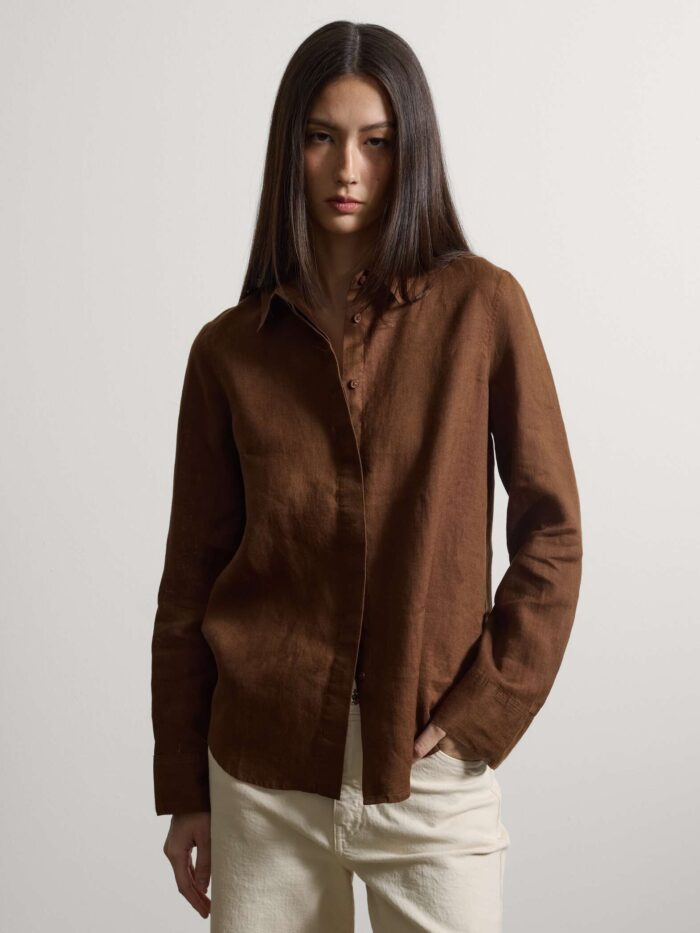 STEFANEL Regular fit pure linen long-sleeved shirt Brown - Image 2