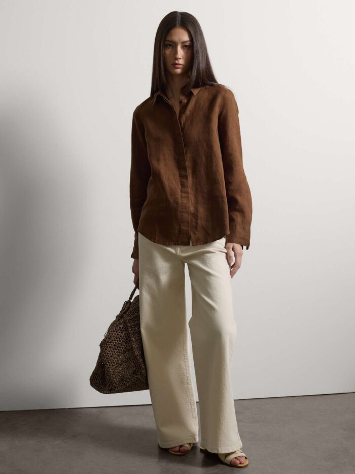 STEFANEL Regular fit pure linen long-sleeved shirt Brown - Image 3