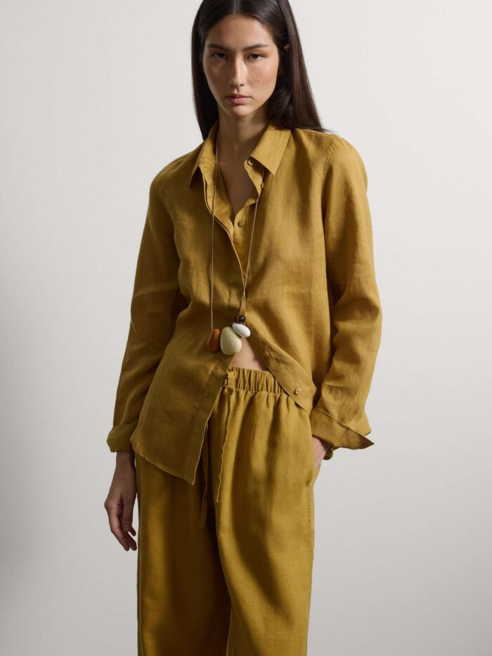 STEFANEL Regular fit pure linen long-sleeved shirt Yellow - Image 3