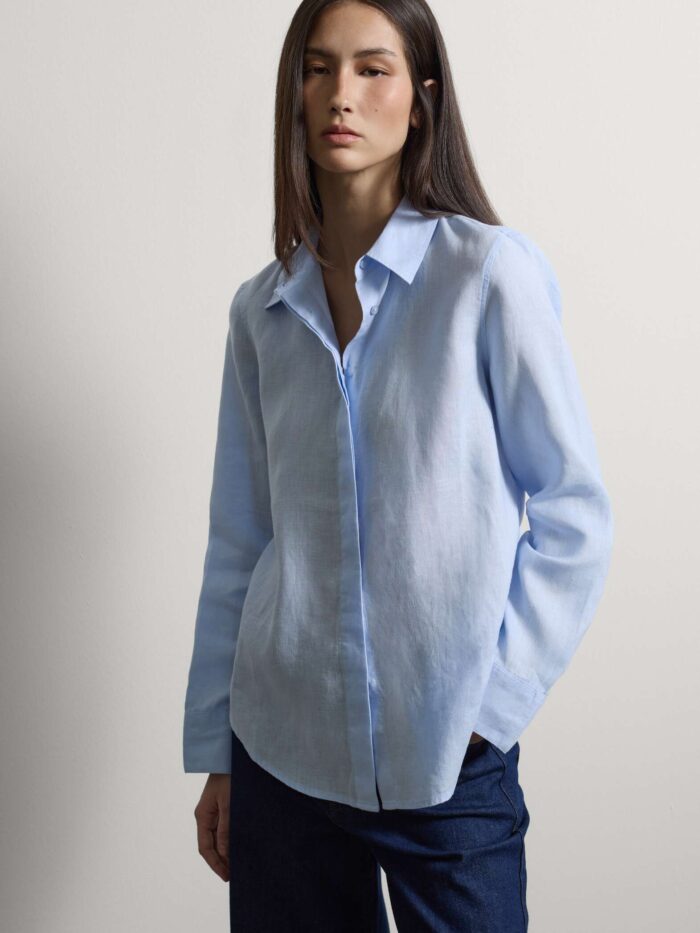 STEFANEL Regular fit pure linen long-sleeved shirt Light blue - Image 2
