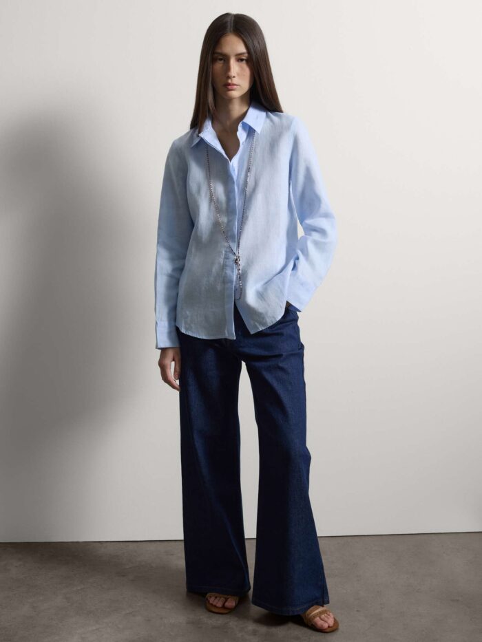 STEFANEL Regular fit pure linen long-sleeved shirt Light blue - Image 4