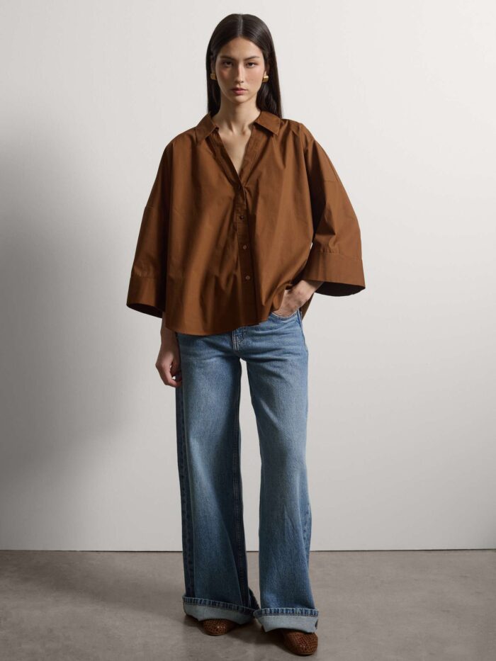 STEFANEL oversized fit pure cotton shirt with three-quarter sleeves Brown - Image 4