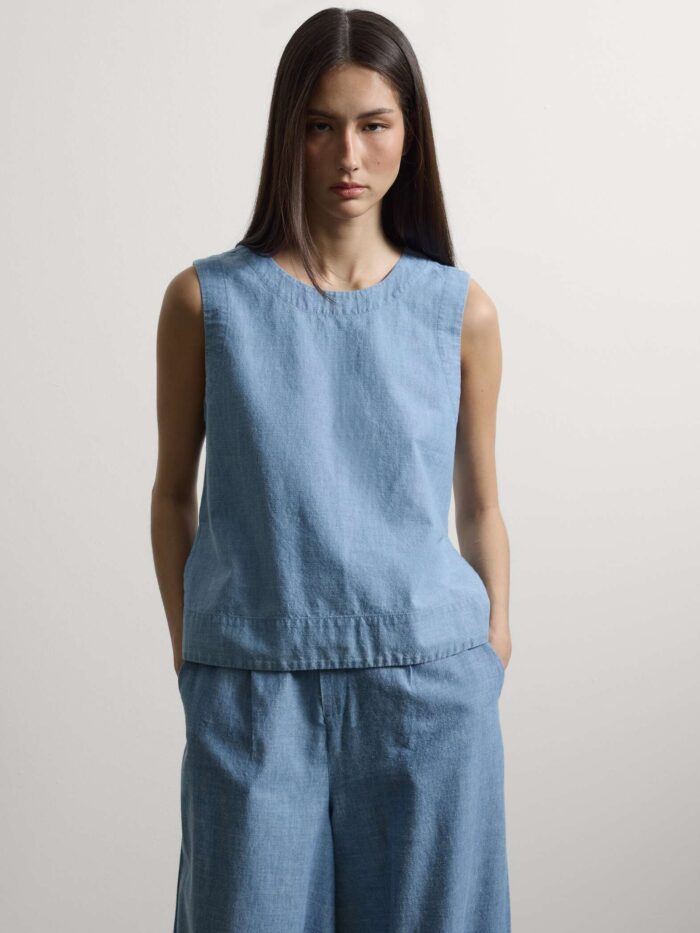 STEFANEL Regular fit pure cotton denim sleeveless blouse Light Blue - Image 2