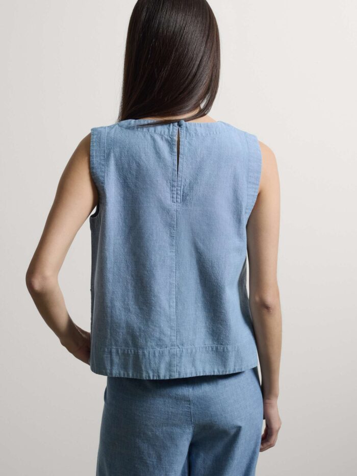 STEFANEL Regular fit pure cotton denim sleeveless blouse Light Blue - Image 3