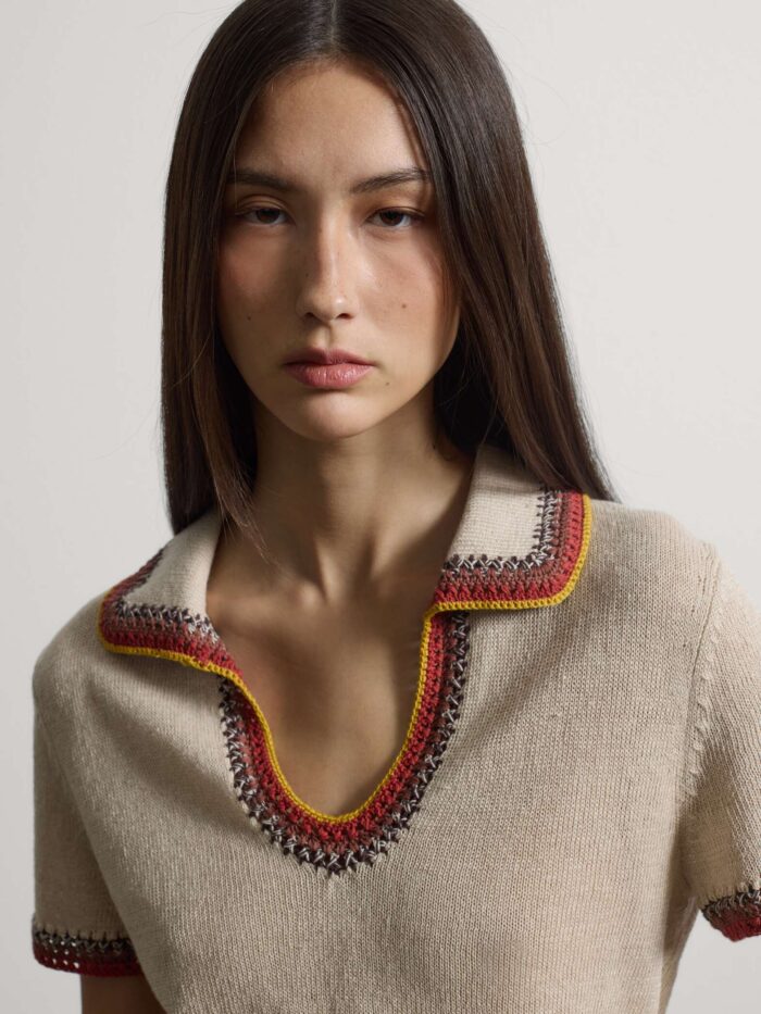 STEFANEL Regular-fit linen blend sweater with colored polo collar Beige - Image 2