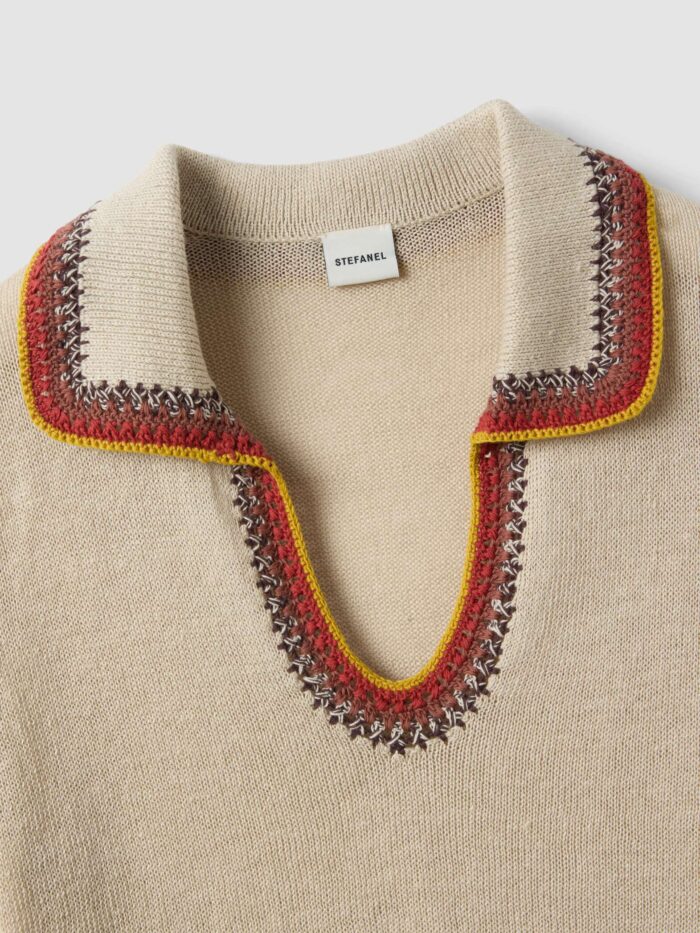 STEFANEL Regular-fit linen blend sweater with colored polo collar Beige - Image 4