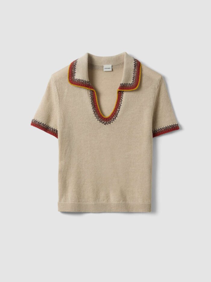 STEFANEL Regular-fit linen blend sweater with colored polo collar Beige - Image 6