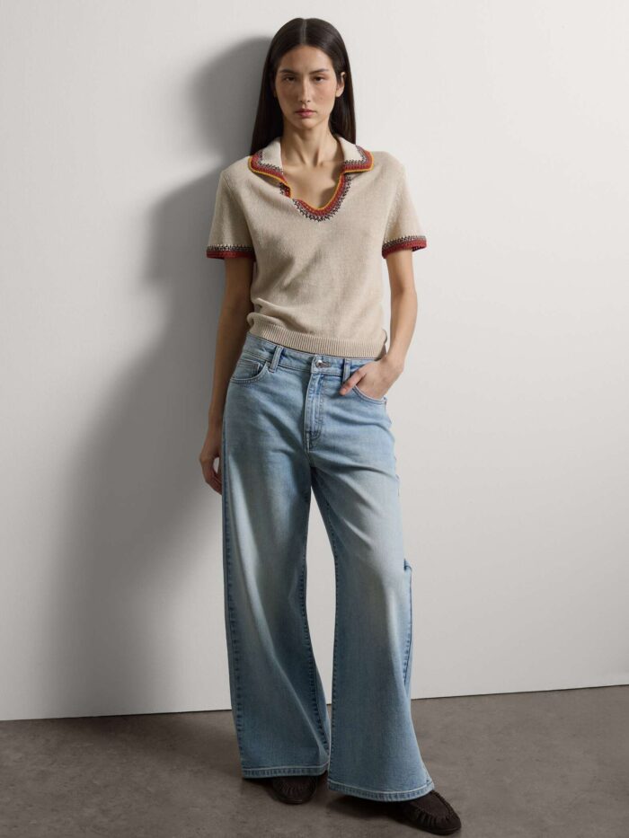 STEFANEL Regular-fit linen blend sweater with colored polo collar Beige - Image 5