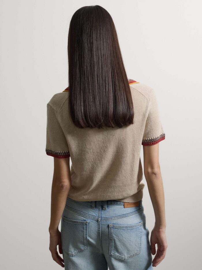 STEFANEL Regular-fit linen blend sweater with colored polo collar Beige - Image 3