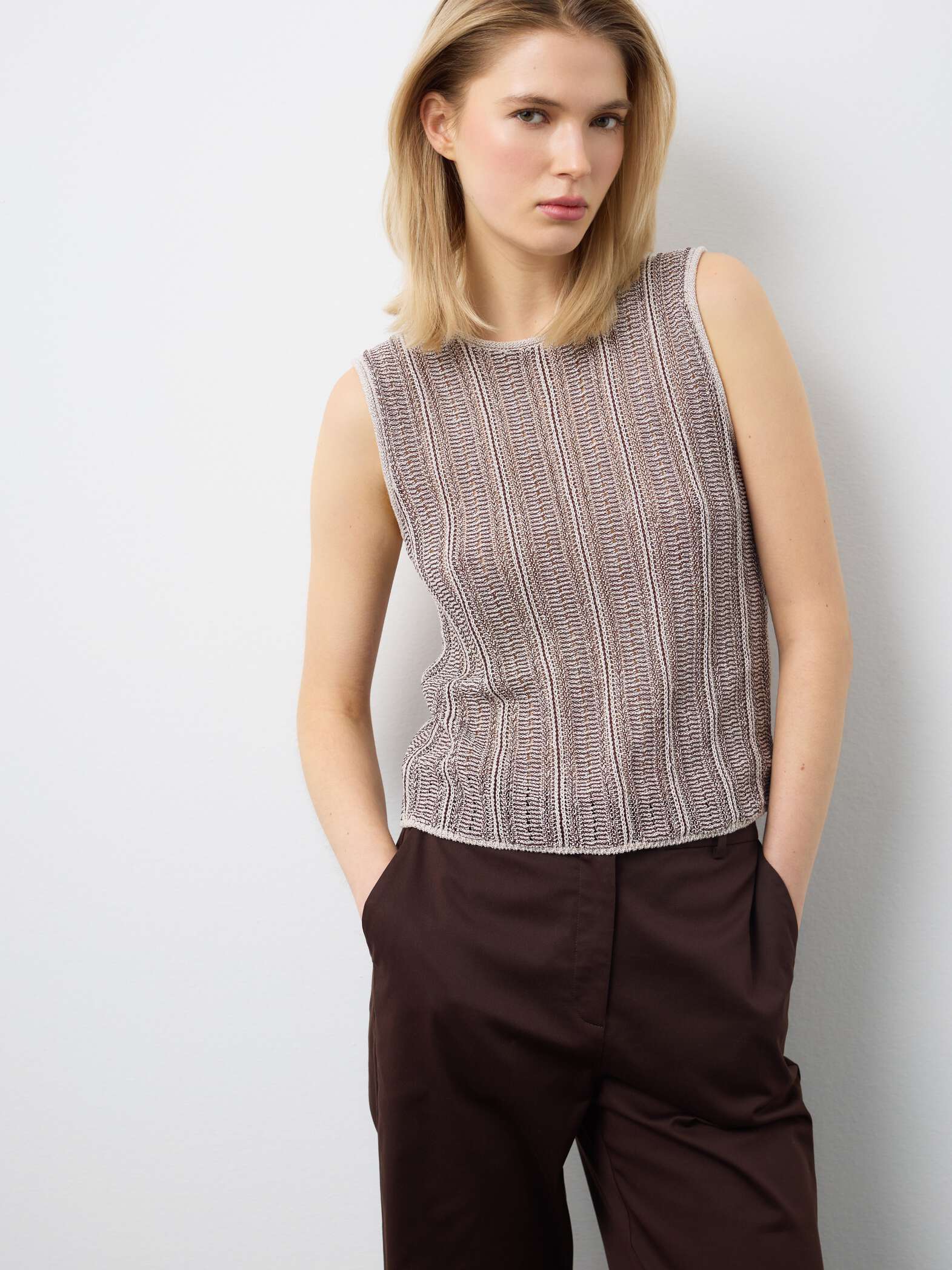 003570726_SF STEFANEL Regular fit striped cotton blend tank top White/brown - Image 1