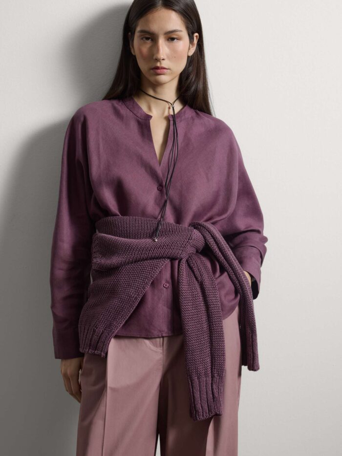 STEFANEL Slim-fit pure linen shirt with mandarin collar Purple - Image 3