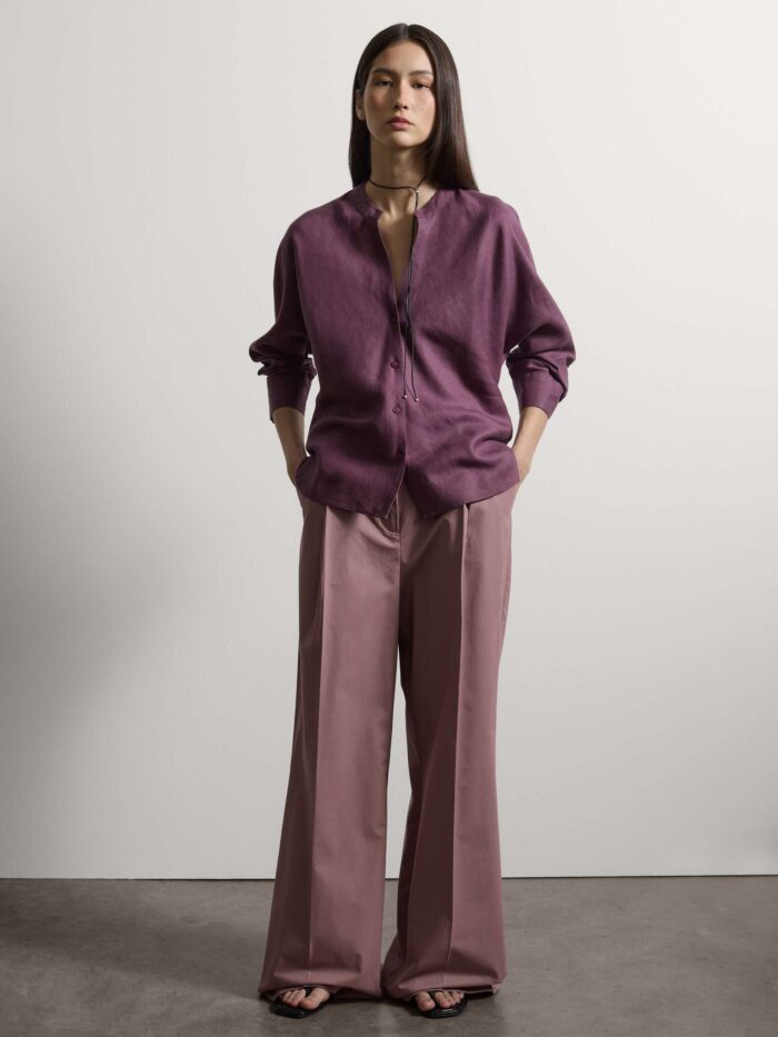 STEFANEL Slim-fit pure linen shirt with mandarin collar Purple - Image 2