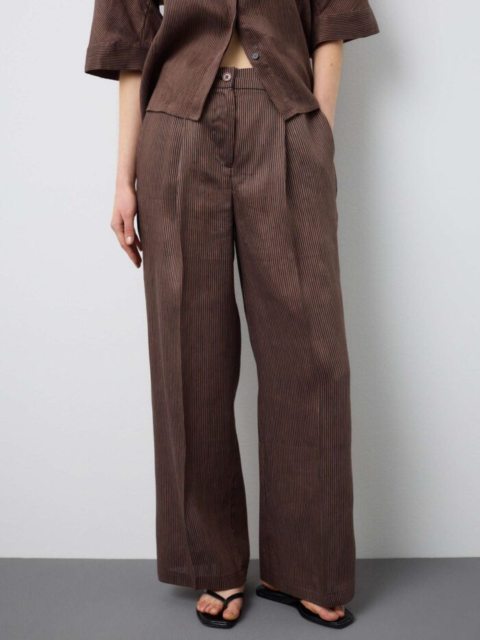 STEFANEL Regular fit striped linen blend trousers Brown - Image 2