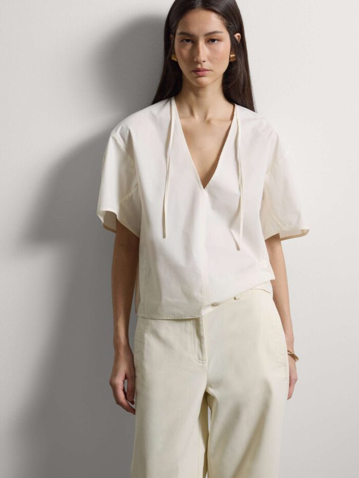 STEFANEL Regular-fit pure cotton blouse with V-neck White - Image 2