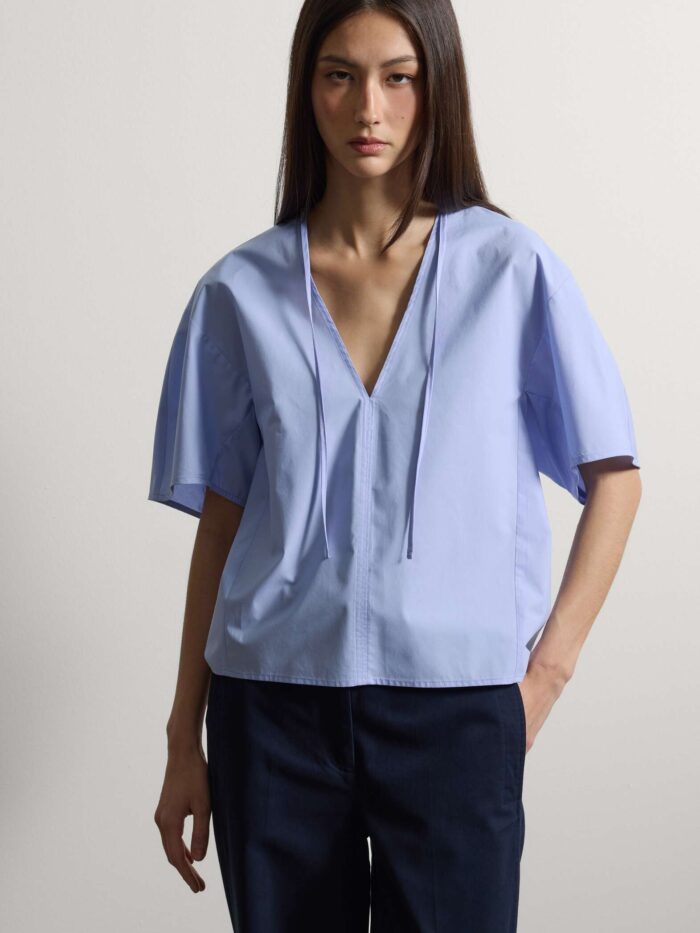 STEFANEL Regular-fit pure cotton blouse with V-neck Light blue - Image 2