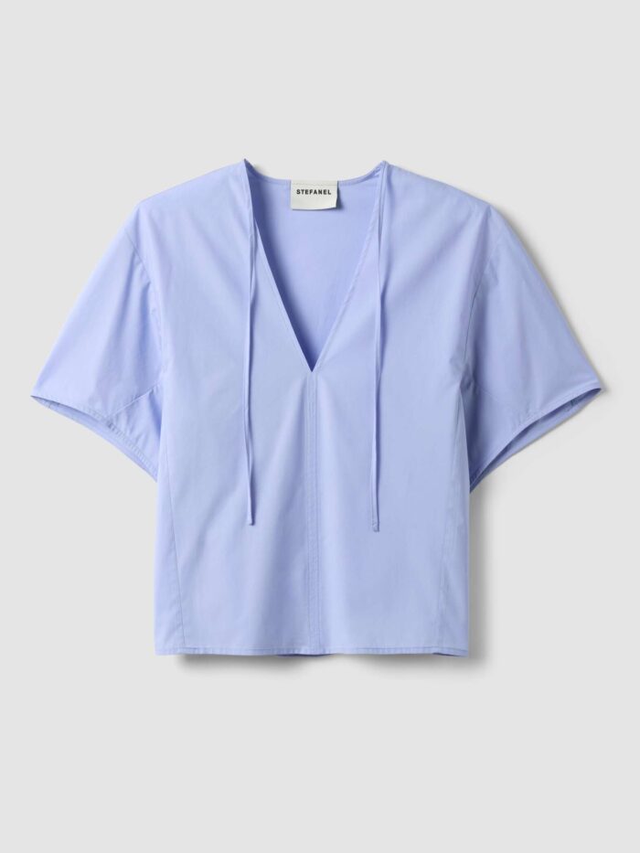 STEFANEL Regular-fit pure cotton blouse with V-neck Light blue - Image 6