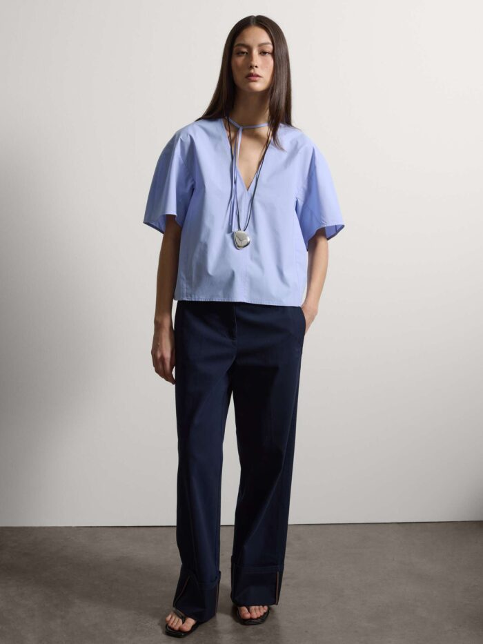 STEFANEL Regular-fit pure cotton blouse with V-neck Light blue - Image 3