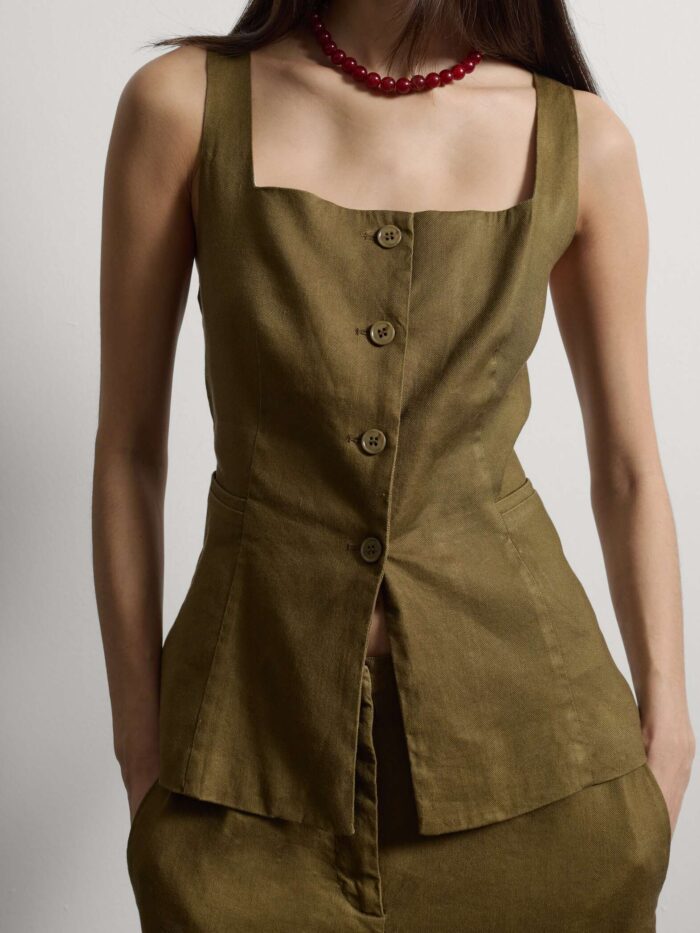 STEFANEL Regular-fit stretch linen and viscose blend vest Olive - Image 2