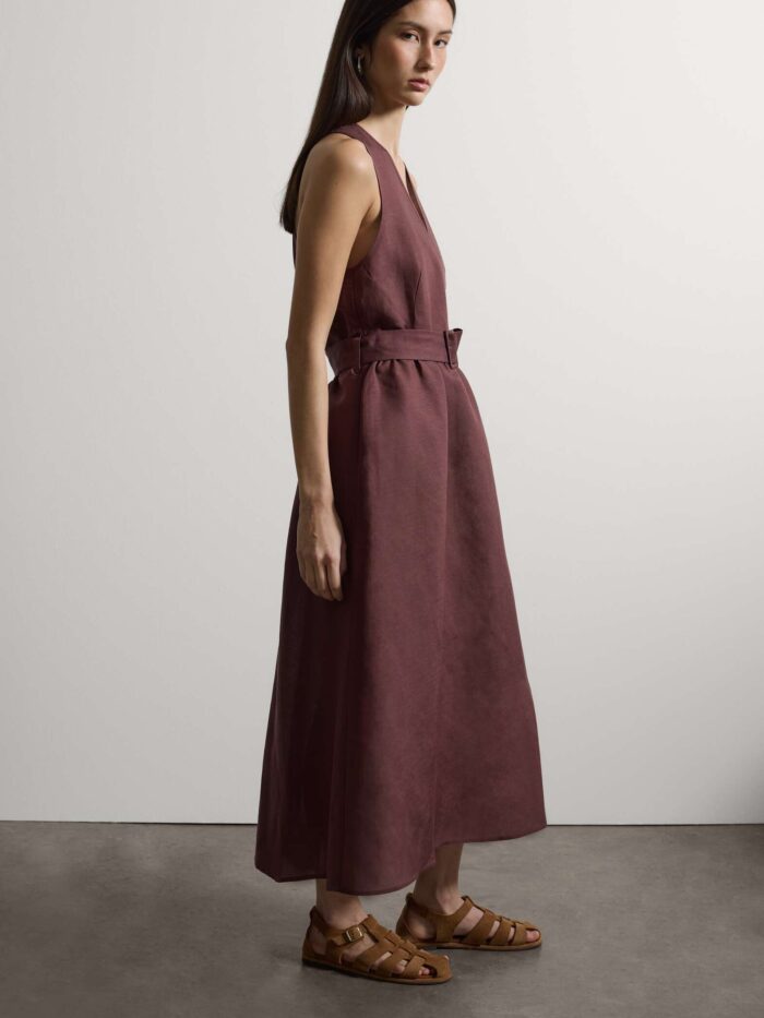 STEFANEL linen and viscose blend dress, regular fit, deep V Brown - Image 3