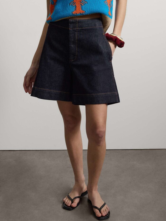 STEFANEL Wide-leg stretch cotton denim shorts Blue - Image 3