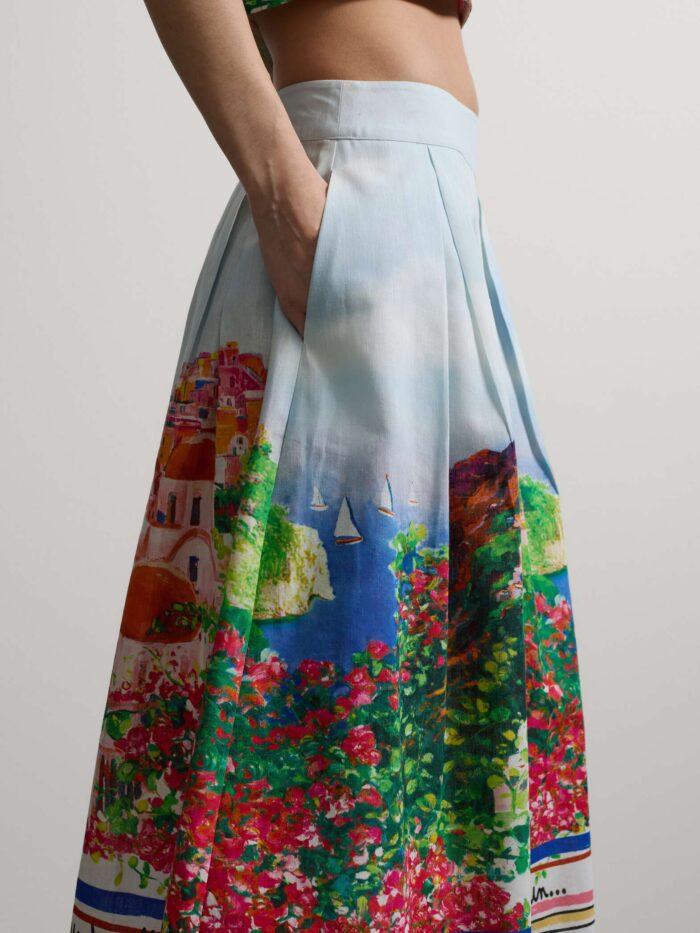 STEFANEL Midi skirt in cotton and linen blend with landscape White/blue - Image 2