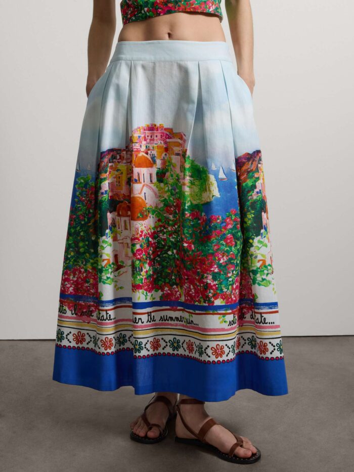STEFANEL Midi skirt in cotton and linen blend with landscape White/blue - Image 3