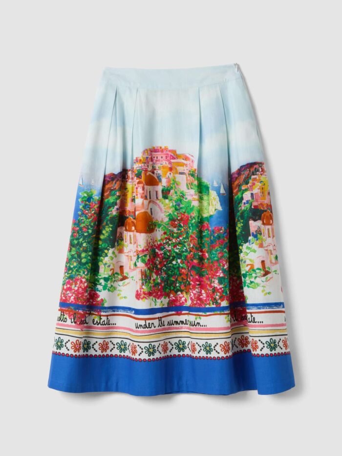 STEFANEL Midi skirt in cotton and linen blend with landscape White/blue - Image 6