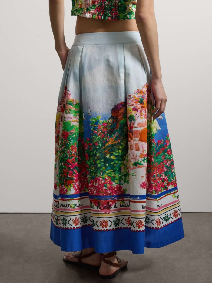 STEFANEL Midi skirt in cotton and linen blend with landscape White/blue - Image 4