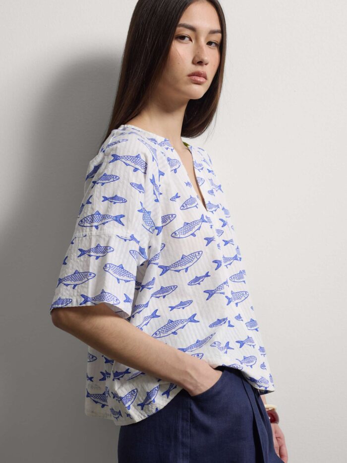 STEFANEL blouse in pure cotton with V-neck and fish print White - Image 2