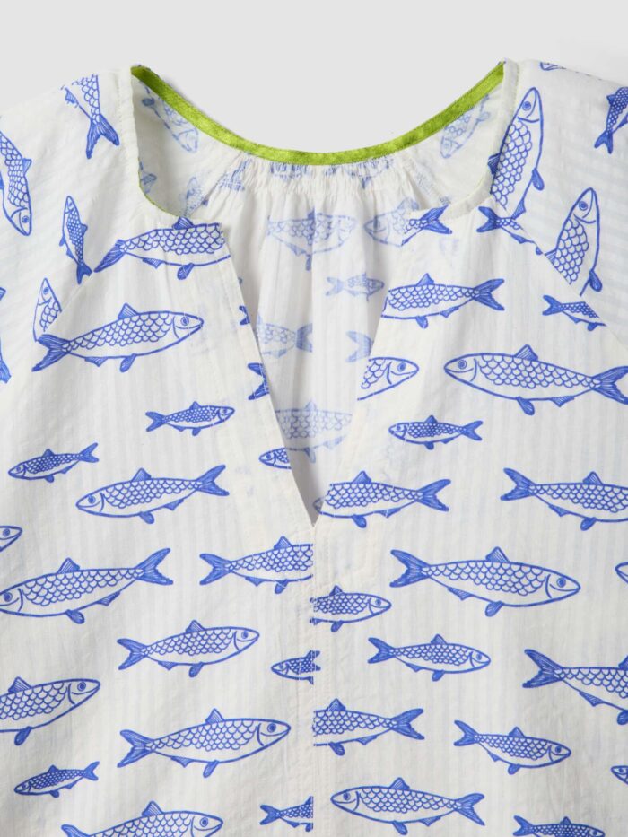 STEFANEL blouse in pure cotton with V-neck and fish print White - Image 5