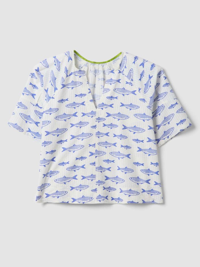 STEFANEL blouse in pure cotton with V-neck and fish print White - Image 6