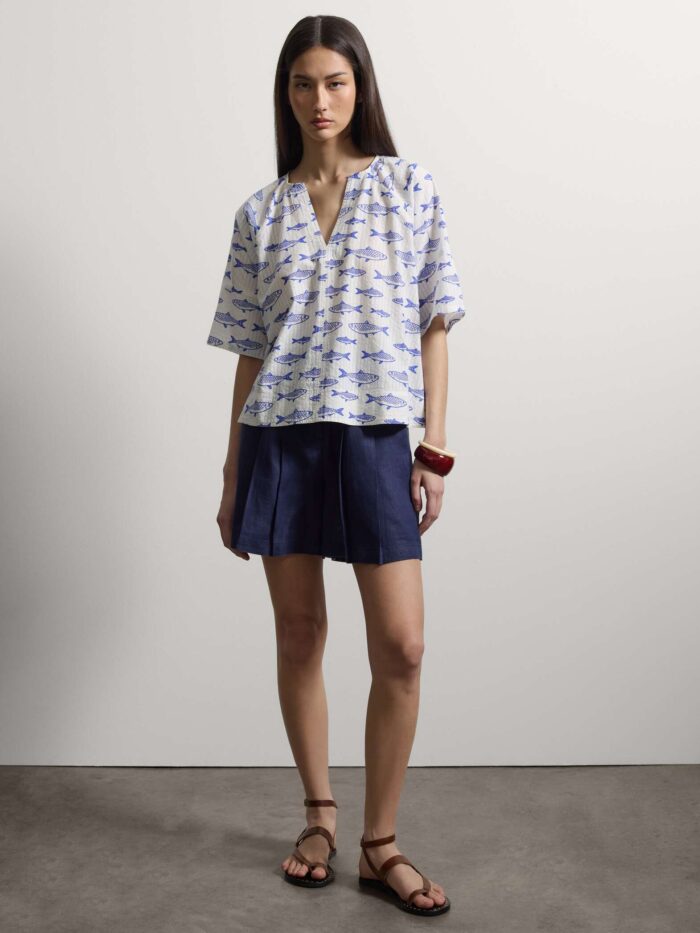 STEFANEL blouse in pure cotton with V-neck and fish print White - Image 3