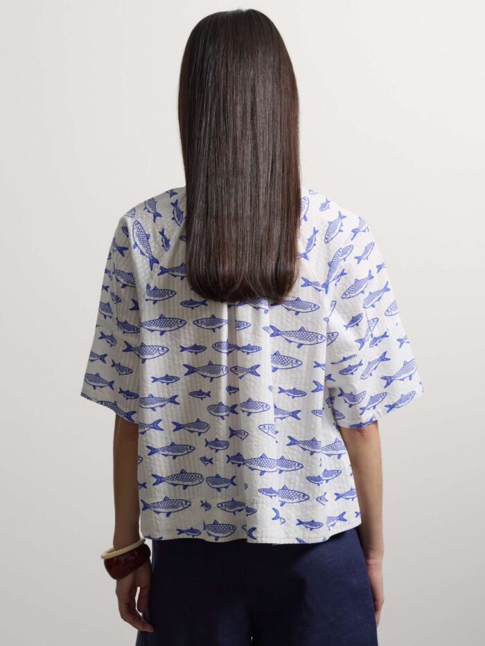 STEFANEL blouse in pure cotton with V-neck and fish print White - Image 4
