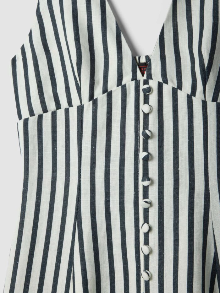 STEFANEL Slim-fit pure linen midi dress striped fabric with a V-neck. White/blue - Image 5