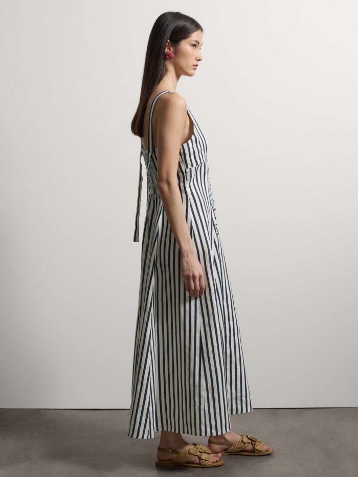 STEFANEL Slim-fit pure linen midi dress striped fabric with a V-neck. White/blue - Image 3