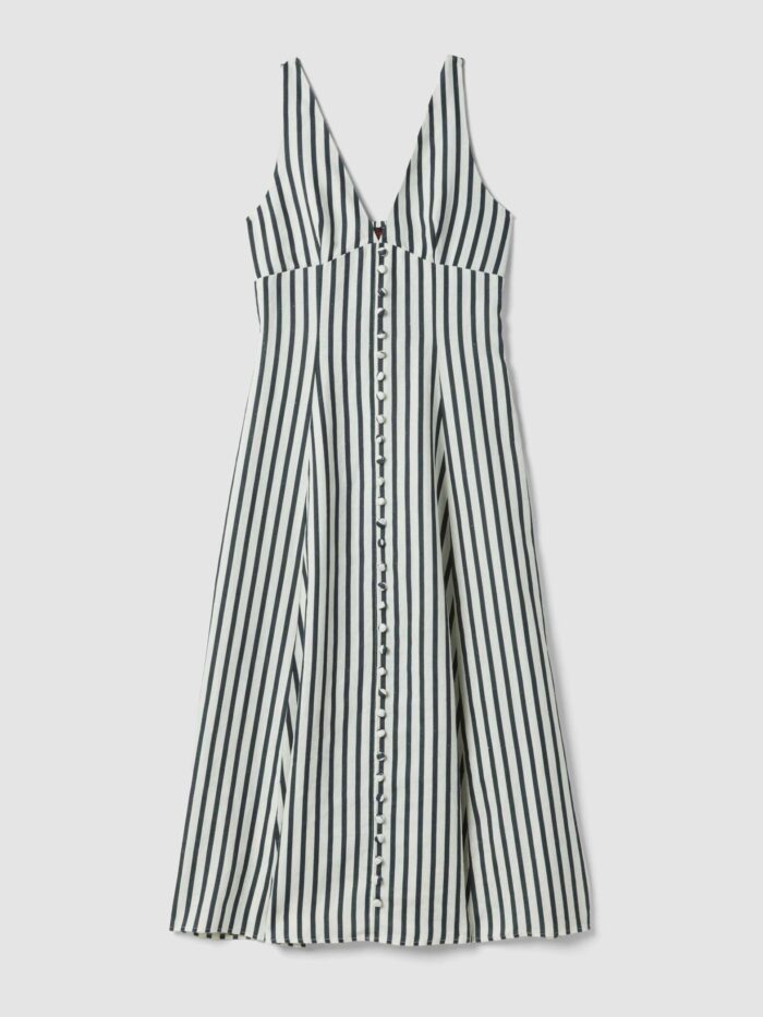 STEFANEL Slim-fit pure linen midi dress striped fabric with a V-neck. White/blue - Image 6