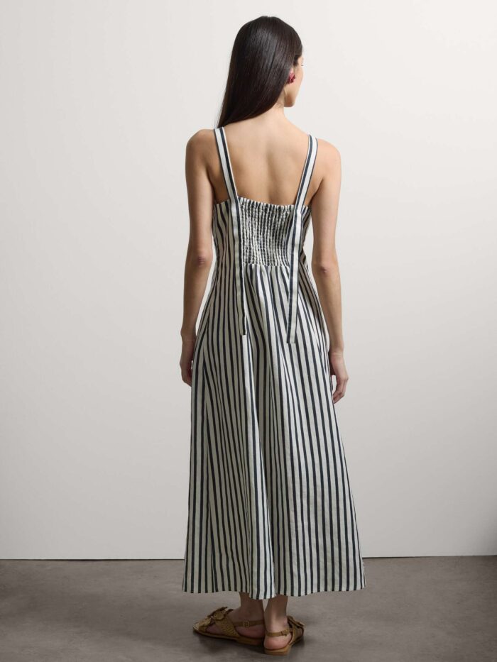 STEFANEL Slim-fit pure linen midi dress striped fabric with a V-neck. White/blue - Image 4