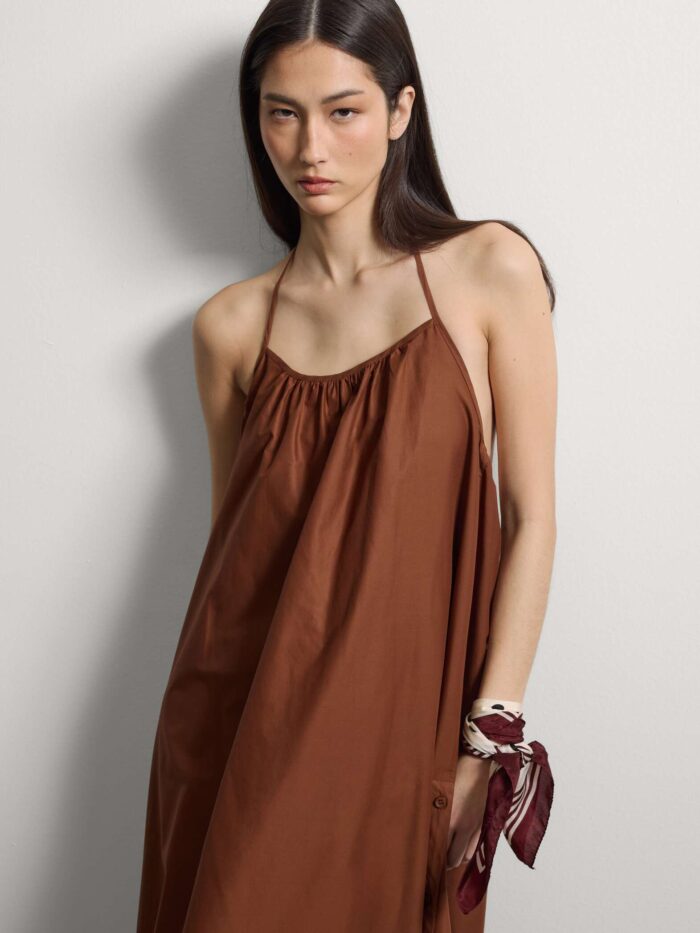 STEFANEL Long dress in pure cotton with thin shoulder straps, relaxed fit Brown - Image 5