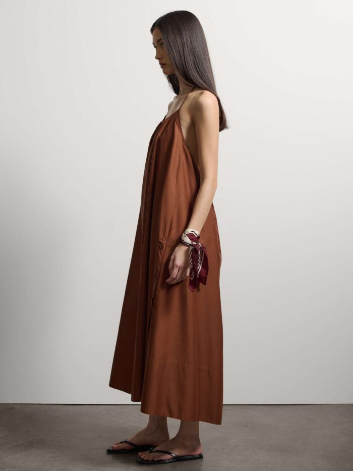 STEFANEL Long dress in pure cotton with thin shoulder straps, relaxed fit Brown - Image 3