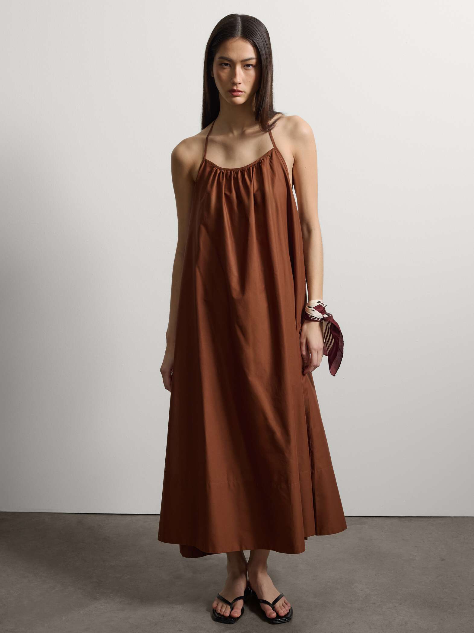 003571219_SL STEFANEL Long dress in pure cotton with thin shoulder straps, relaxed fit Brown - Image 1