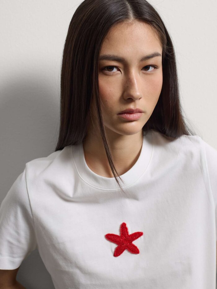 STEFANEL Regular-fit pure cotton T-shirt with beaded star White - Image 2