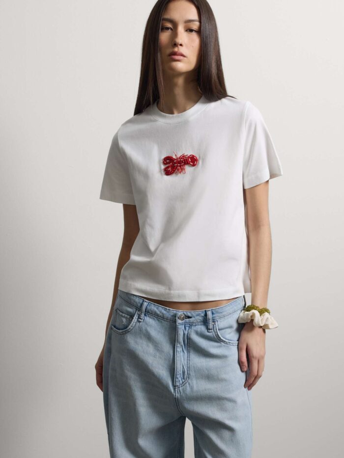 STEFANEL Regular-fit pure cotton T-shirt with beaded lobster White - Image 2