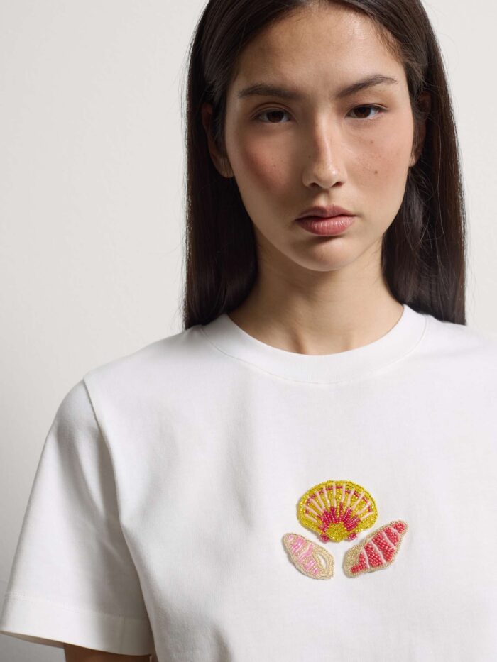 STEFANEL Regular-fit pure cotton T-shirt with beaded shells White - Image 2