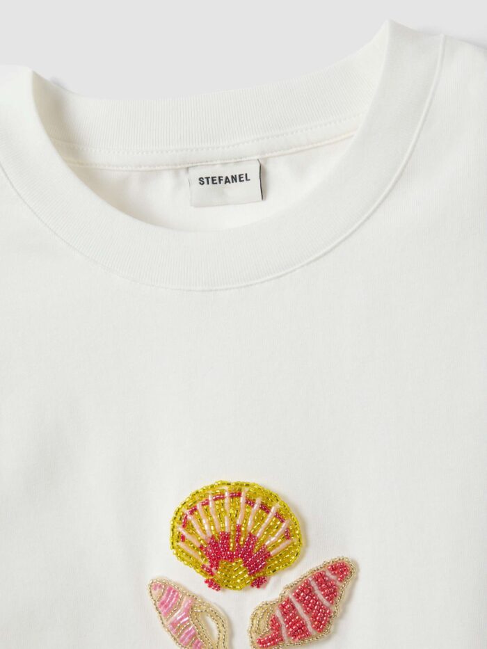 STEFANEL Regular-fit pure cotton T-shirt with beaded shells White - Image 5