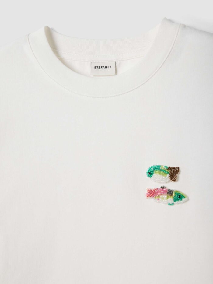 STEFANEL Regular-fit pure cotton T-shirt with beaded fish White - Image 5